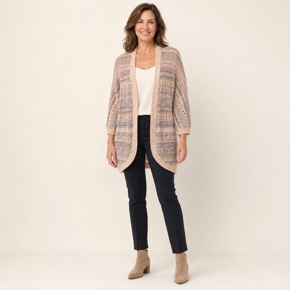 Chico's Cardigan Women's 0 Small Beige Multicolor Open Knit Striped Boho